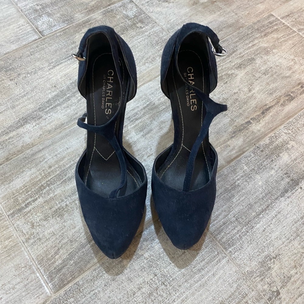Charles David Navy Suede T-Strap Pointed Toe Heels